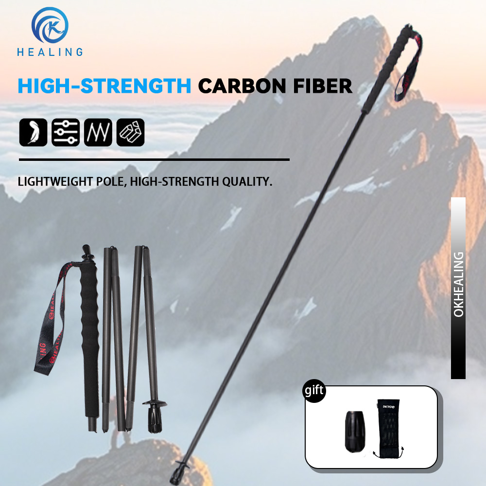 Trekking Pole Carbon - OKHEALING ไม้เท้าเดินป่าแบบพับได้ 5 ท่อน น้ำหนักเบาพิเศษ 110