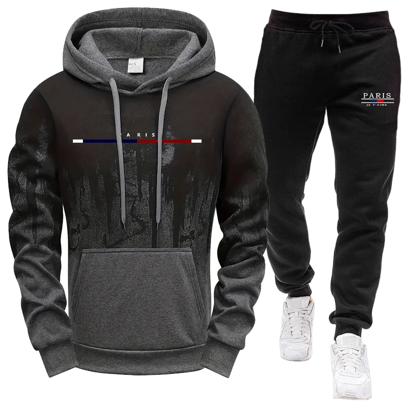 Joggers Pants - ชุดผู้ชาย/เสื้อฮู้ด/กางเกง ชุดสเวตเชิ้ตมีฮู้ดและกางเกงสเวตแพนท์สำหรับฤดูใบไม้ร่วงและฤดูหนาว ชุดกีฬาสำหรับกิจกรรมกลางแจ้ง แฟชั่นลำลองสไตล์ปารีส ชุดกีฬา