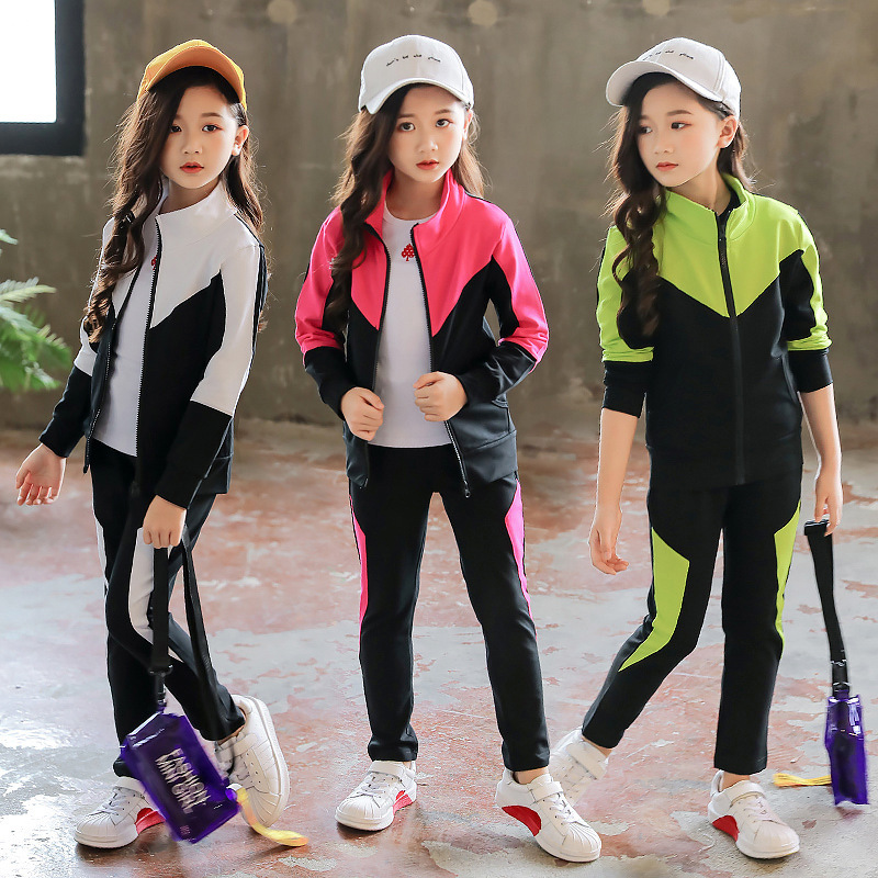 Running Gear Kids - ชุดกีฬาเด็กผู้หญิง แขนยาว เสื้อแจ็คเก็ต+กางเกง 2 ชิ้น ชุดลำลองสำหรับเด็กนักเรียนหญิง